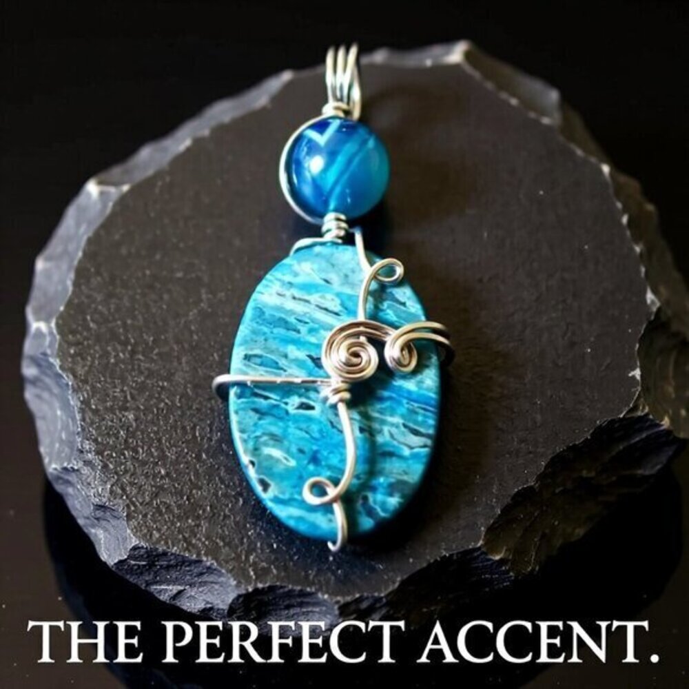 Blue Crazy Lace Agate & Banded Blue Agate ~ Wire Wrapped! Stacked Stone Pendant - Picture 5 of 14